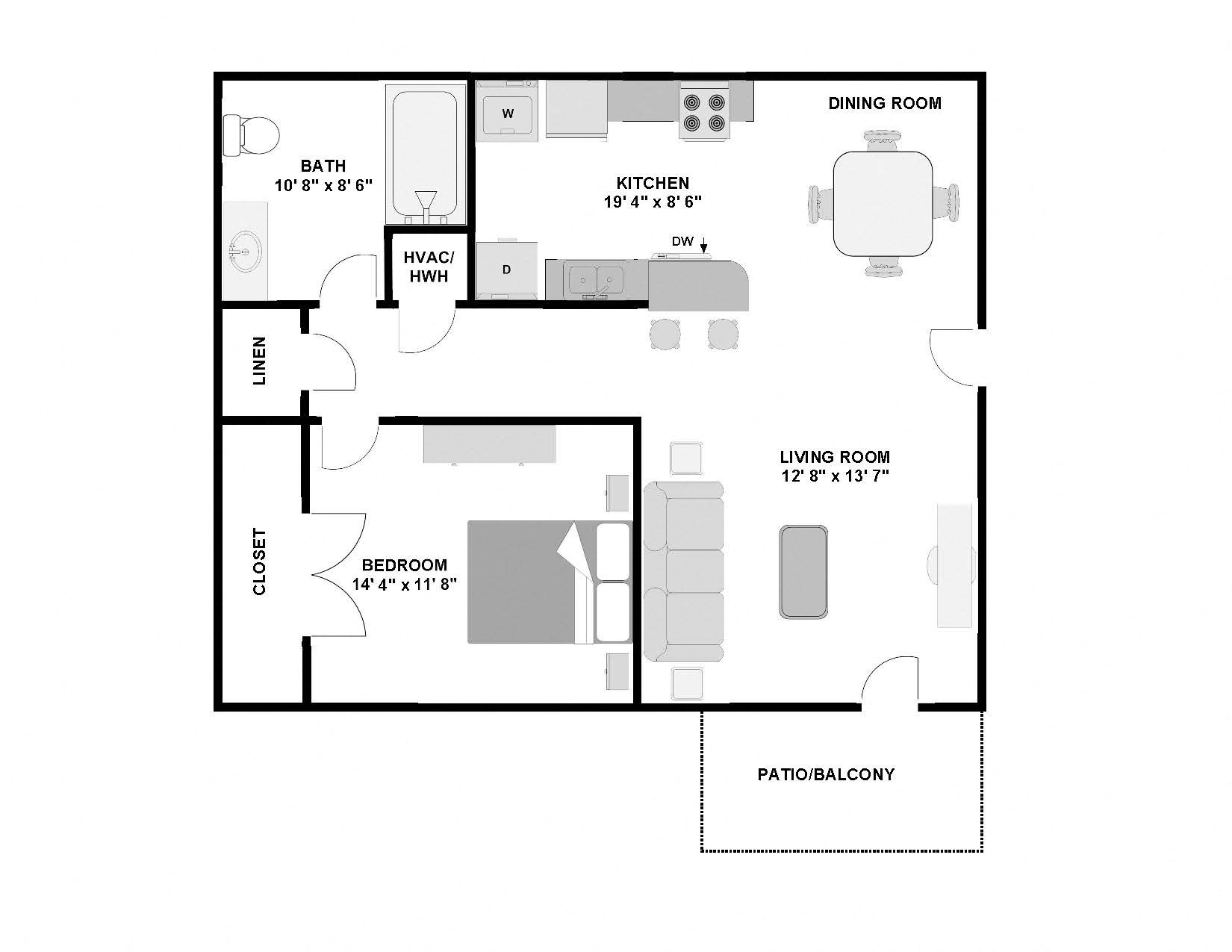 Floor plan for 1 bed, 1 bath, 700 sqft
